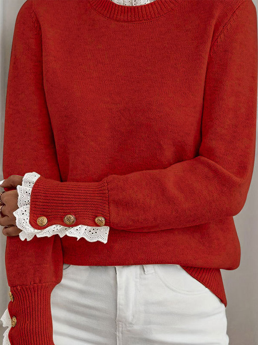 Lace Trim Button Cuff Sweater