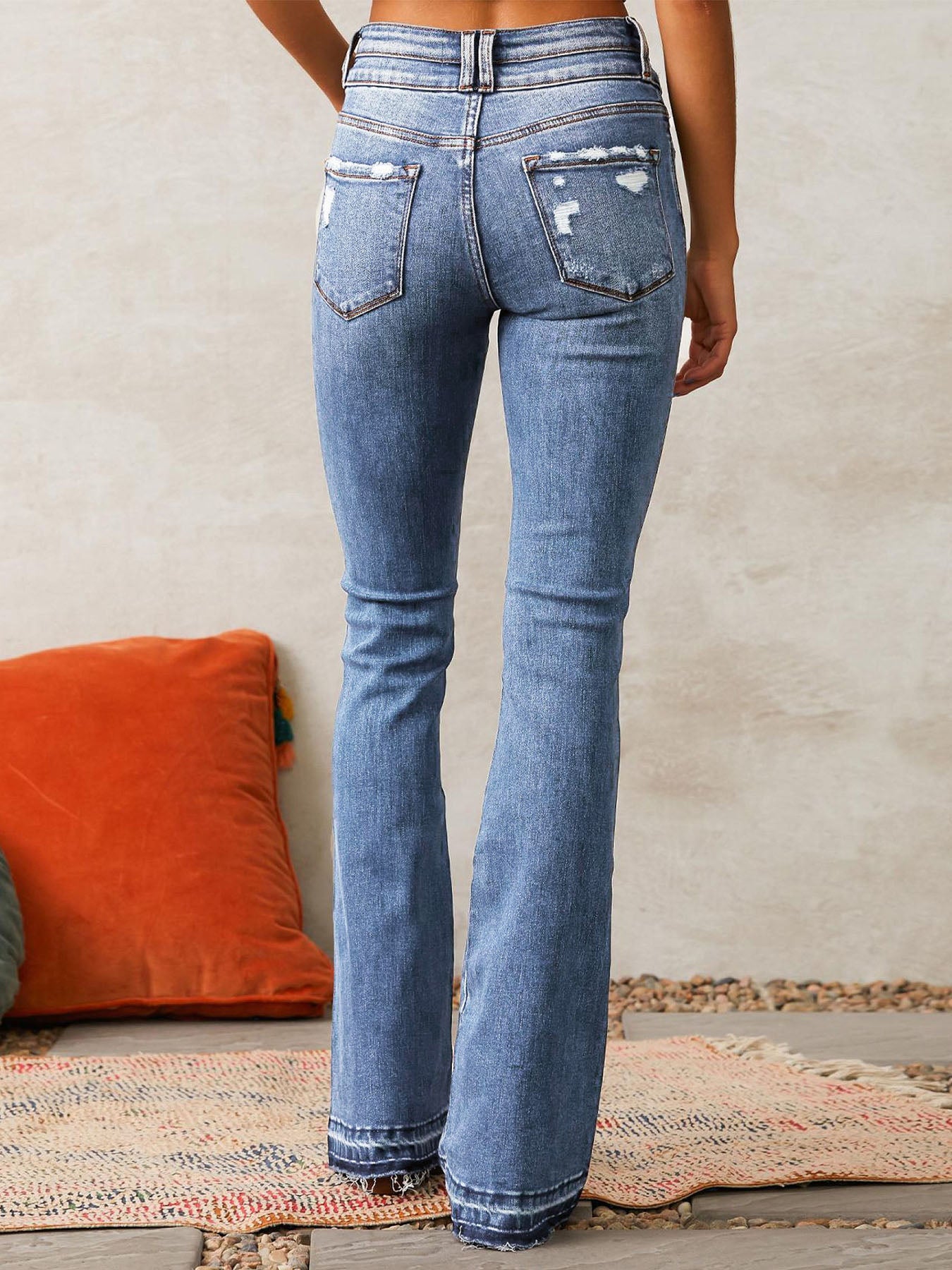 Ripped Stretch Denim Flare Jeans