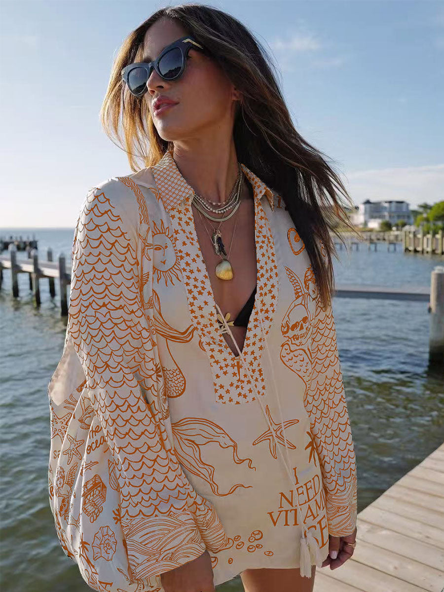 Ocean Mood Sketch Satin Two Sets