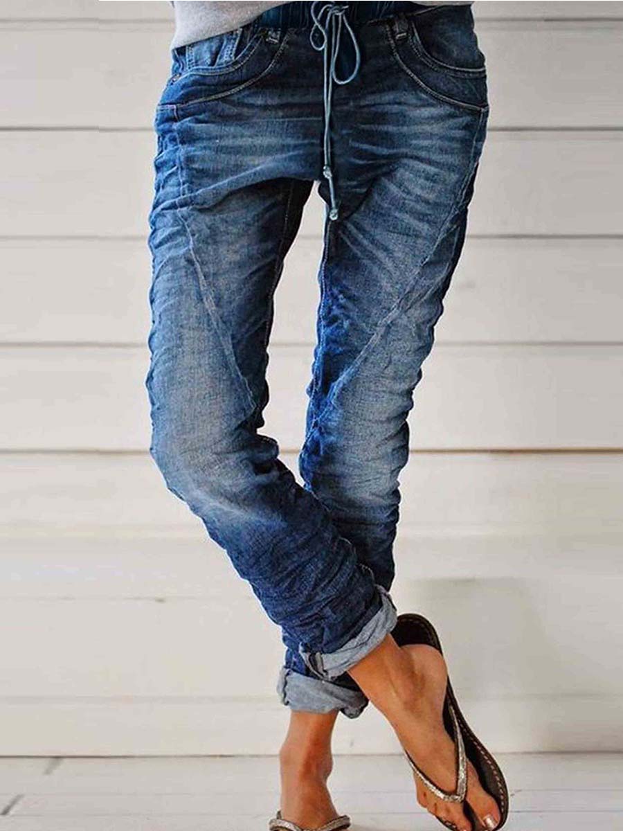 Vorioal Casual Pockets Self-tie Jeans