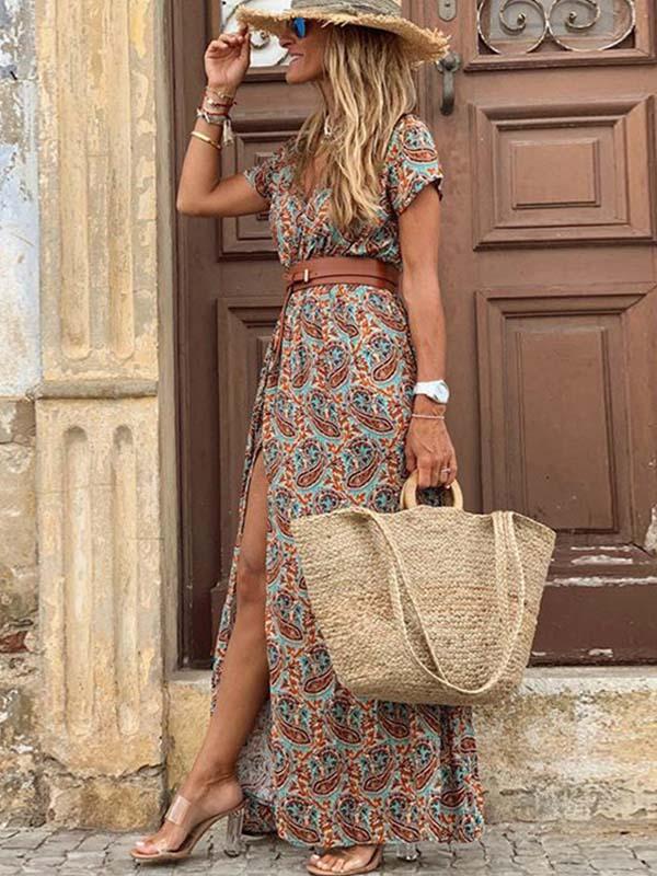 Vorioal Boho Style V-neck Floral Dress